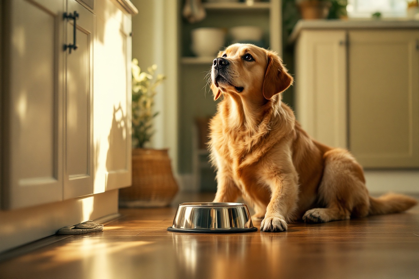 Golden Retriever wartet in der Küche neben seinem Futternapf