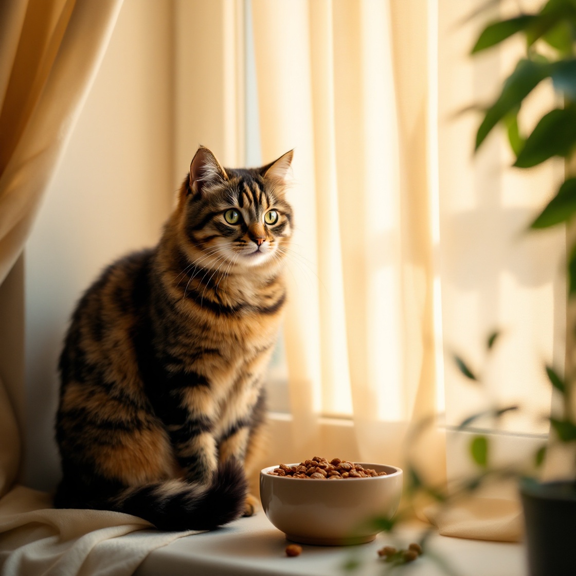 Katze sitzt am Fenster neben ihrem Futternapf